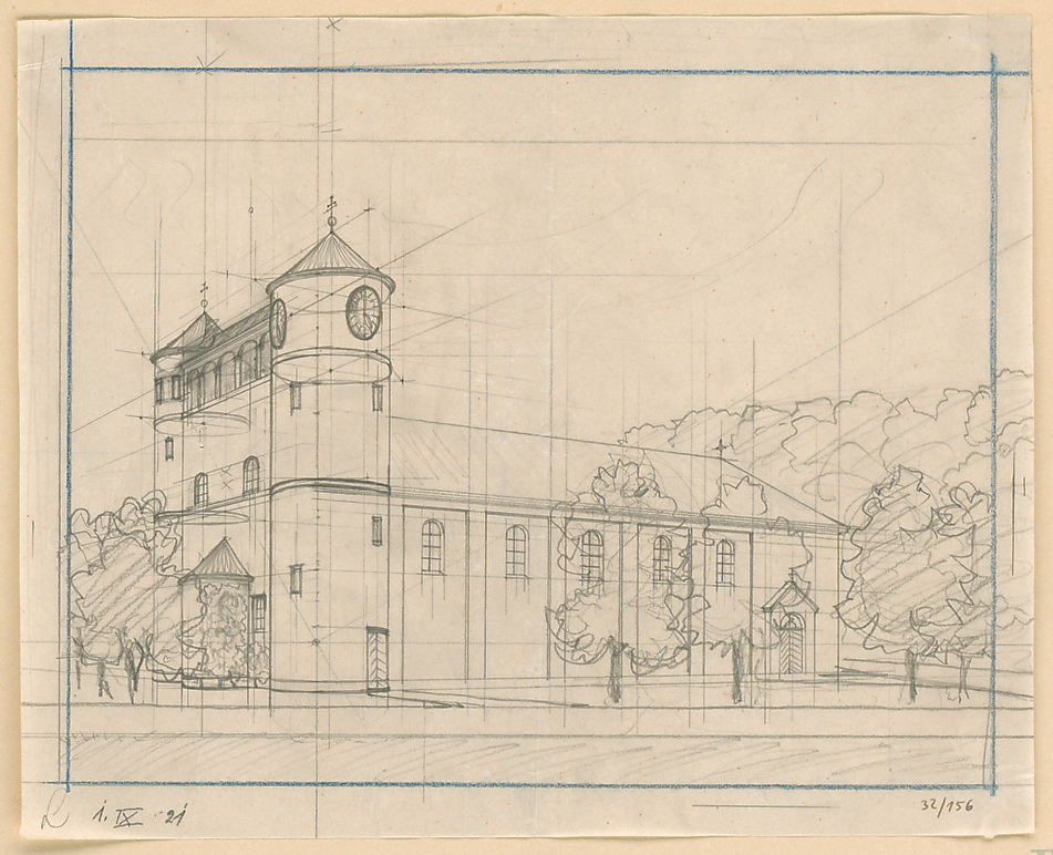 Ein erster Entwurf des Architekten Theodor Fischer stellte eine Kirche mit rund 300 Plätzen dar, die an eine Burg erinnert