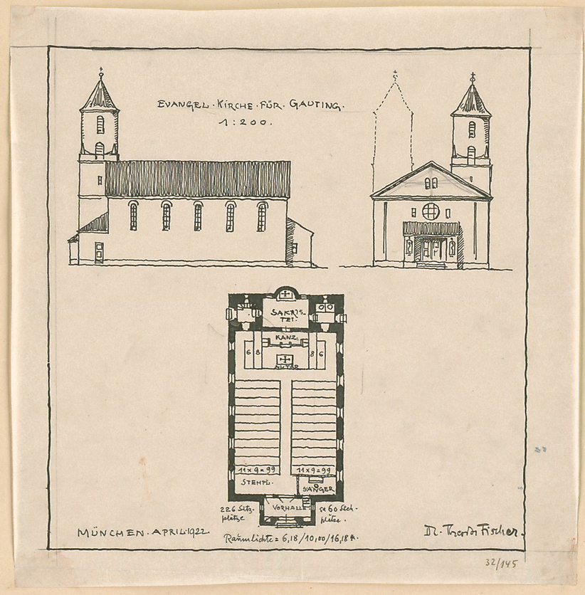 Konzeptuell ähnlich, jedoch deutlich kleiner und zunächst nur mit einem einzigen Turm, führte Fischer sein Konzept in einem weiteren Entwurf fort, der schon sehr an die gebaute Kirche erinnert
